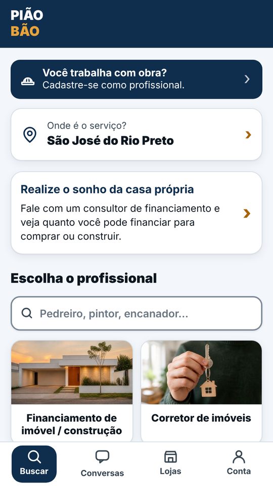 Tela inicial do aplicativo Pião Bão: a cidade do serviço e a lista de profissões para escolher